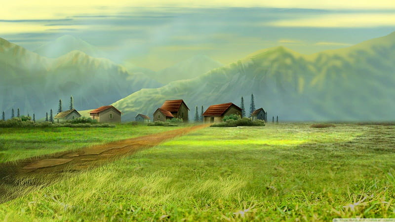 Small Village, green, grass, houses, painting, village, fields, mist, HD wallpaper