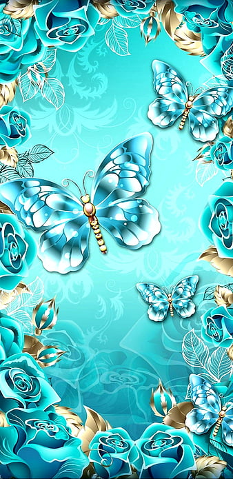 Crystal Butterfly, floral, flower, girly, gold, golden, pretty, rose, roses, teal, HD phone wallpaper