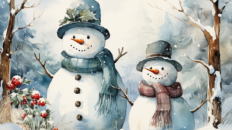 Snowmen, fantasy, art, craciun, iarna, christmas, couple, winter, snowman, scarf, hat, HD wallpaper