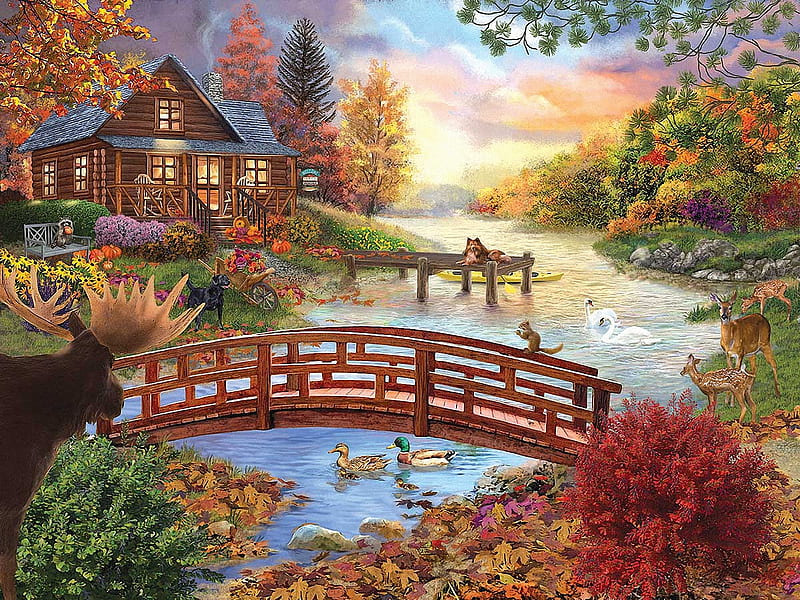 Autumn Evening, pier, ducks, cabin, trees, clouds, sky, deer, swans, leaves, boat, bridge, flowers, river, dog, squirrel, art, moose, digital, HD wallpaper