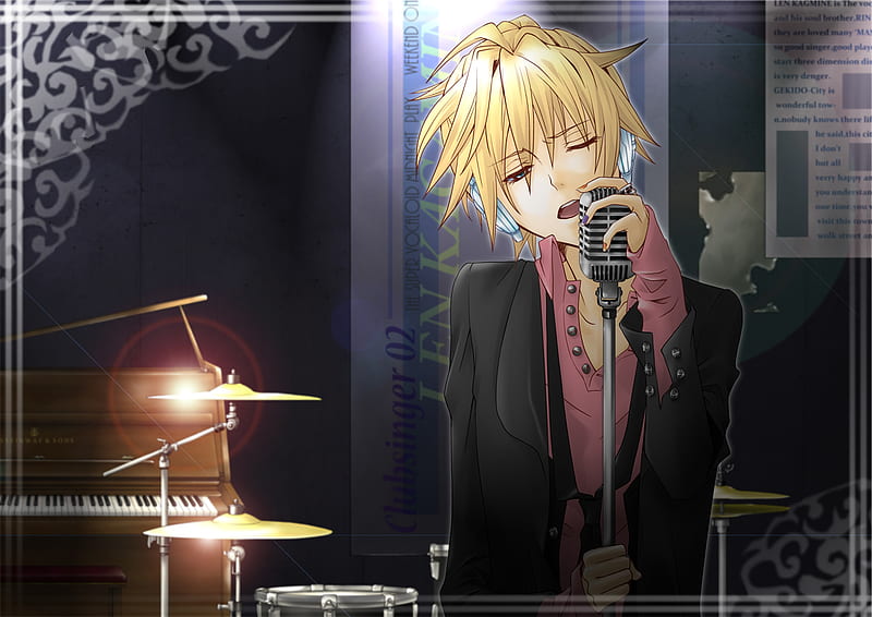 Len, vocaloid, suit, tie, blonde, sexy, piano, hair, boy, instrument, microphone, cool, anime, drums, kagamine, sing, HD wallpaper