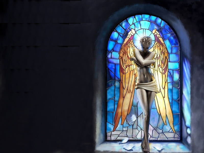 Angel in a Church, art, gold, cg, angel, black, blue, light, HD wallpaper