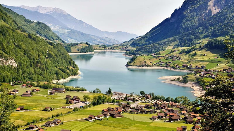 lovely village around an alpine lake, village, grass, lake, mountains, HD wallpaper