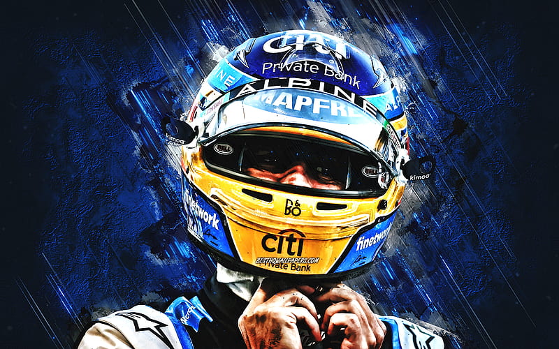 Fernando Alonso, Alpine F1 Team, Spanish driver, Formula 1, Alpine-Renault, Fernando Alonso art, blue stone background, HD wallpaper