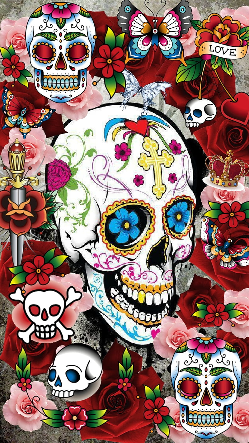 Backstabber, butterfly, day, dead, flowers, love, red, roses, skull, sugar, sword, HD phone wallpaper