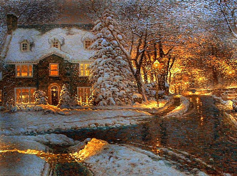 Richard Savoie - Poesie de nuit, richard savoie, art, snow, painting, night, winter, HD wallpaper
