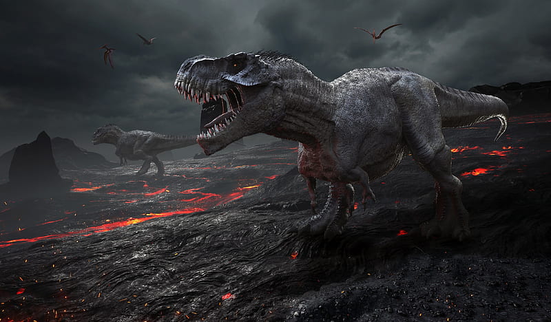 tyrannosaurus rex t rex, lava, pterandon, animals, dinosaurs, HD wallpaper