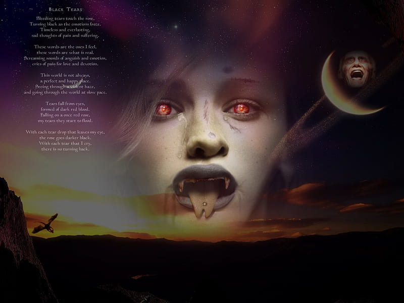 DEMON GIRL TEARS, red, demon, moon, girl, poem, gothic, tears, vampire, eyes, teeth, HD wallpaper