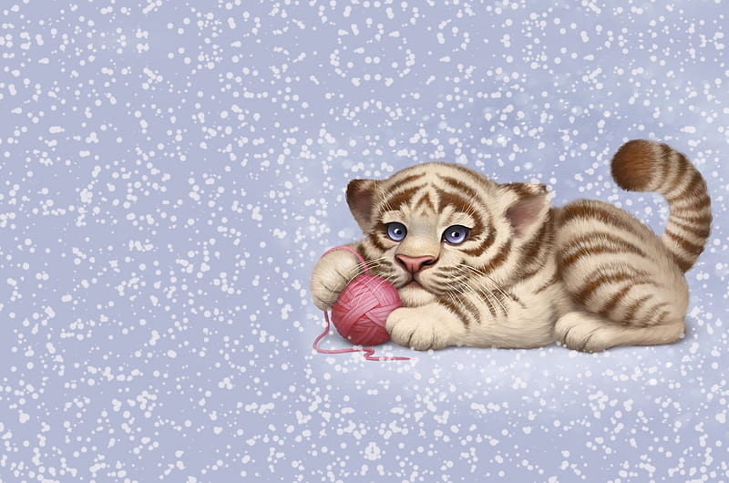Tiger cub, luminos, tiger, fantays, cute, fantasy, cub, wool ball, tigru, child, pink, blue, HD wallpaper