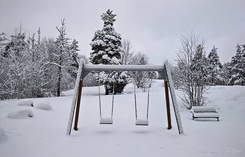 Good Old Times, swing set, play ground, snow, beauty, bench, sky, trees, winter, nature, HD wallpaper