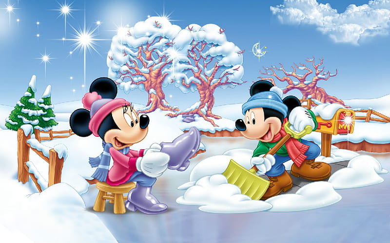 :), snow, iarna, winter, minnie, mickey mouse, couple, disney, HD wallpaper