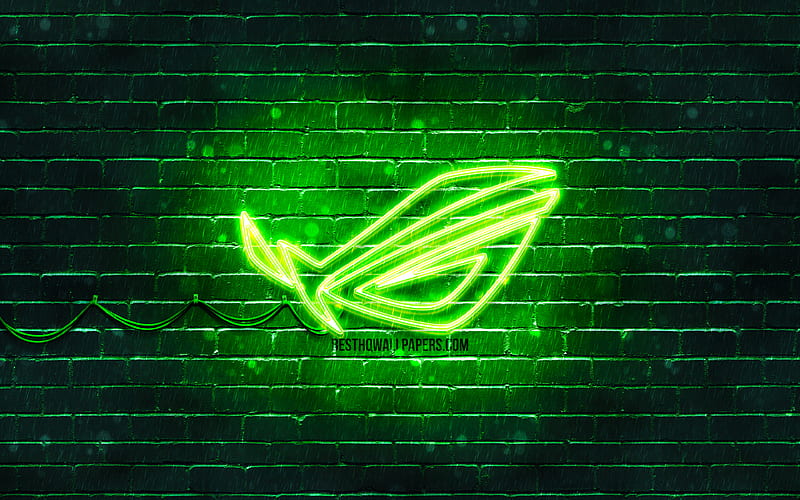 ROG green logo green brickwall, Republic Of Gamers, ROG logo, brands, ROG neon logo, ROG, HD wallpaper
