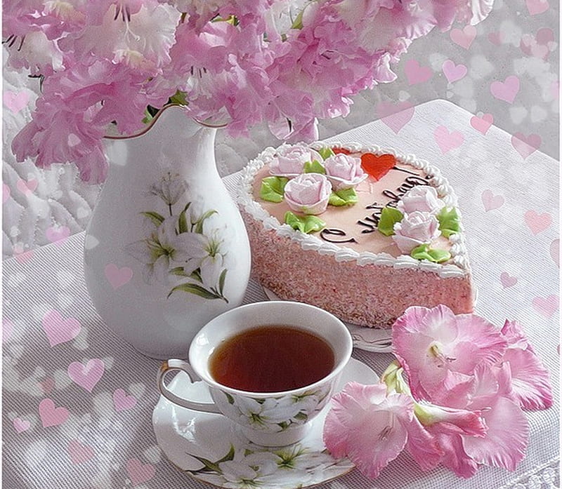 Cake and a cup of tea, cake, cup, pink flowers, tea, HD wallpaper | Peakpx