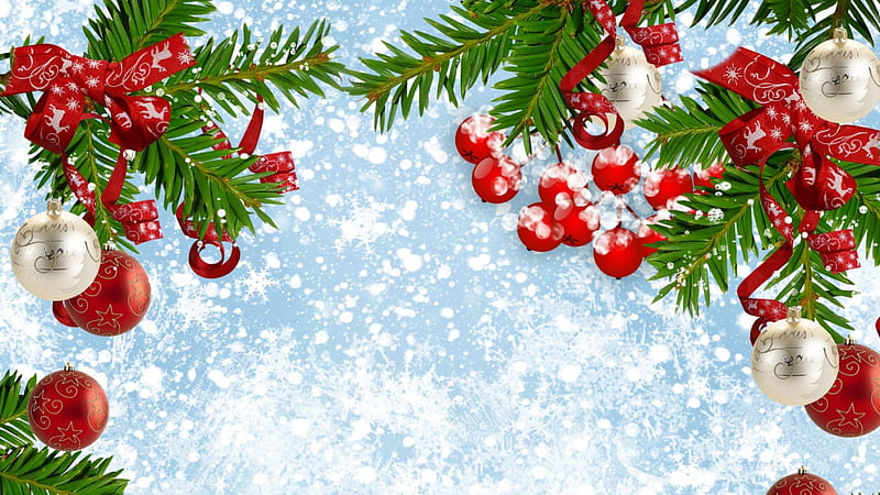 Holiday Nature, Feliz Navidad, greenery, ribbons, winter, balls, snow ...