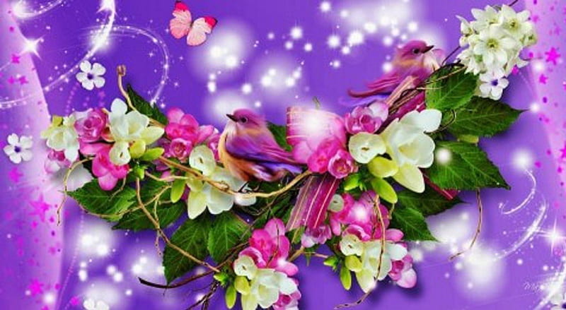Colorful Swag Adorned by Nature, purple, bird, flowers, nature, butterflies, HD wallpaper