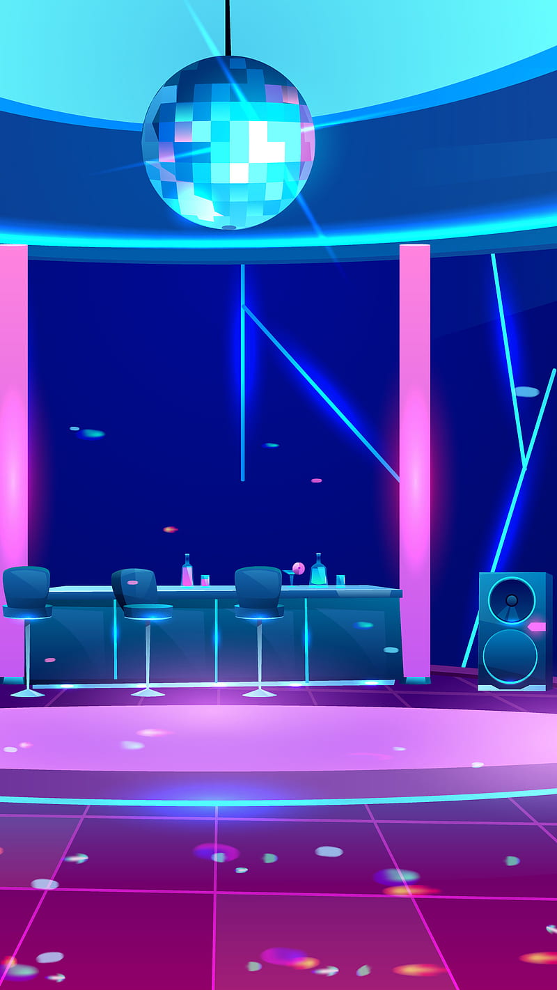 80s Disco, Kiss, bar stools, blue, dance, disco ball, discotheque, floor, lasers, pink, purple, HD phone wallpaper