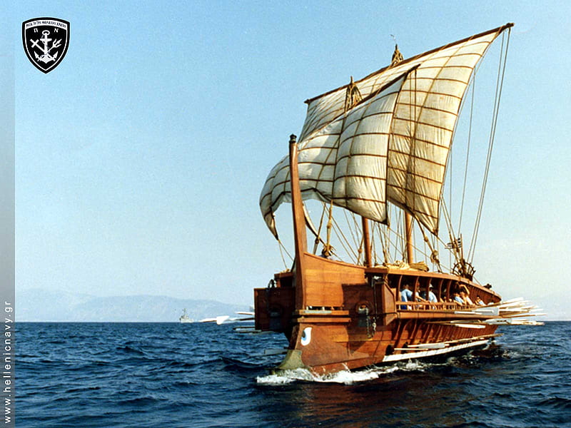 Ancient Greek Trireme, water, greek, ancient, trireme, paddles, sails, sky, HD wallpaper
