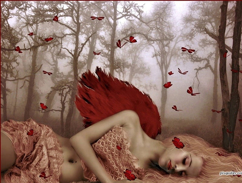.Butterflies flying around Angel., pretty, colorful, sleep, cg, charm, bonito, adorable, woman, fog, sweet, fantasy, splendor, love, face, soul, take care, forest, lovely, closed eyes, colors, red butterflies, wonderland, trees, lips, butterflies flying around angel, spirit, cool, girl, eyes, branches, HD wallpaper