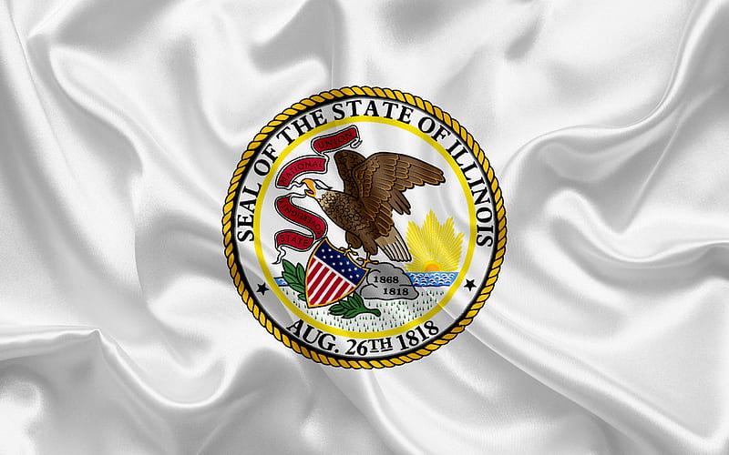 Illinois Flag, flags of States, flag State of Illinois, USA, state Illinois, White silk flag, Illinois coat of arms, HD wallpaper