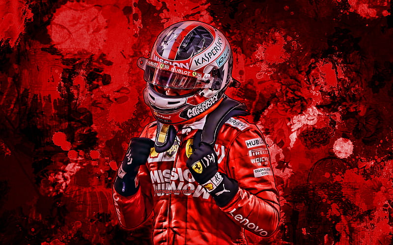 Charles Leclerc, 2019, red paint splashes, Scuderia Ferrari, Formula 1, Leclerc Ferrari, F1 2019, F1, grunge art, monegasque racing drivers, Ferrari, HD wallpaper
