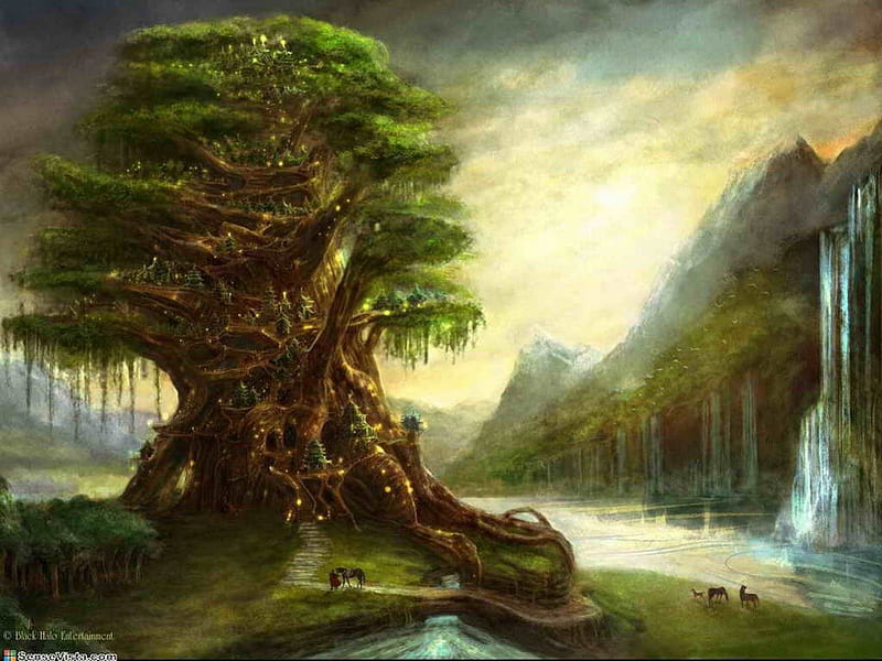 Elven Tree, tree, fantasy, eleven, green, home, elven, HD wallpaper