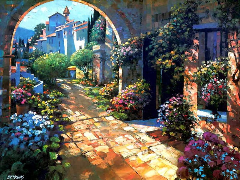 The Archway, art, pretty, painting, summer, flowers, bonito, abstract, HD wallpaper