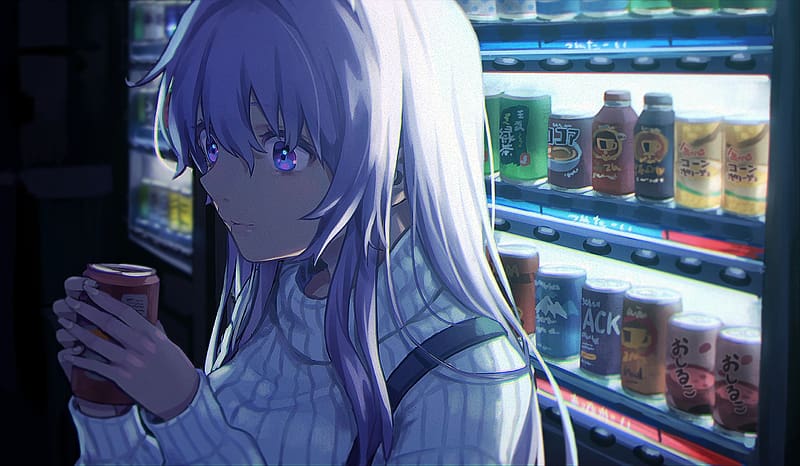 Anime, Original, Purple Eyes, White Hair, Vending Machine, HD wallpaper