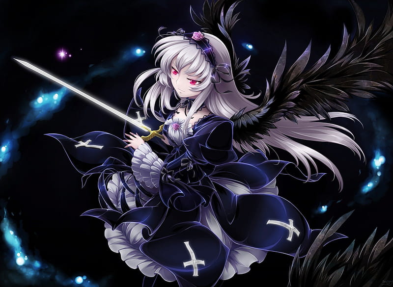 Suigintou, dress, hairband, rozen maiden, gothic, hair flower, hot, anime girl, sword, female, wings, purple hair, smile, sexy, goth, cool, black wings, red eyes, HD wallpaper
