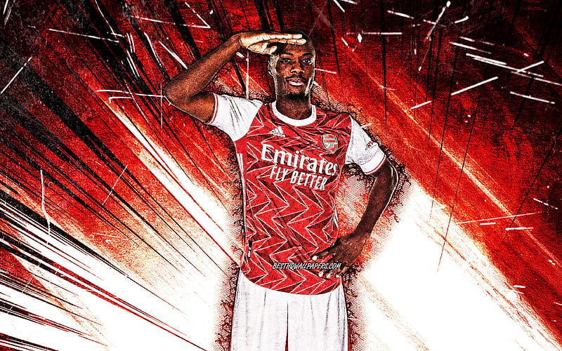 Nicolas Pepe, grunge art, french footballers, Arsenal FC, red abstract rays, soccer, Premier League, football, The Gunners, Nicolas Pepe Arsenal, HD wallpaper
