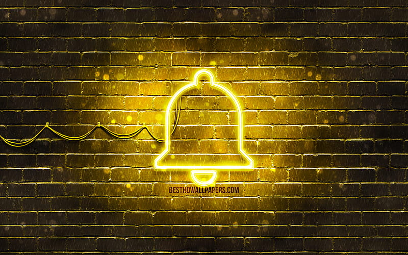 Bell neon icon yellow background, neon symbols, Bell, creative, neon icons, Bell sign, holidays signs, Bell icon, holidays icons, HD wallpaper