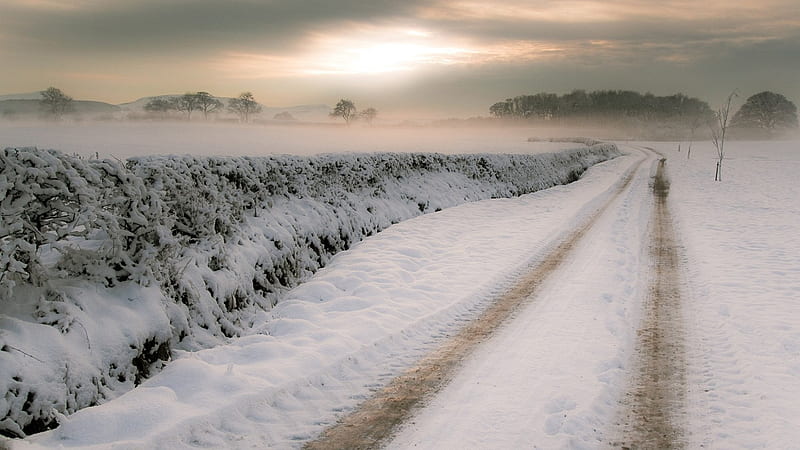 tracks in the snow in the countryside, countryside, road, clouds, tracks, winter, HD wallpaper