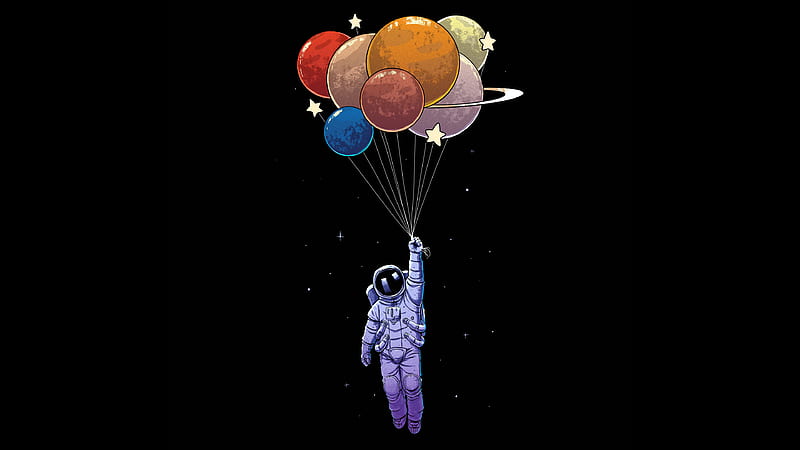 Astronaut Exploration , astronaut, artist, artwork, digital-art, minimalism, minimalist, dark, black, balloons, HD wallpaper