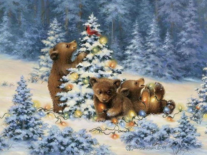 NEW YEARS BABY BEARS, BABY, LIGHTS, CHRISTMAS, TREE, FOREST, BROWN, BEARS, HD wallpaper