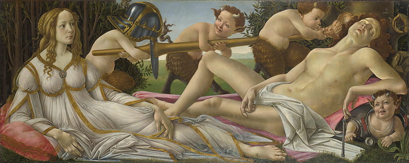 Venus and Mars, cupid, painting, man, mars, pictura, god, art, woman, venus, girl, sandro botticelli, HD wallpaper