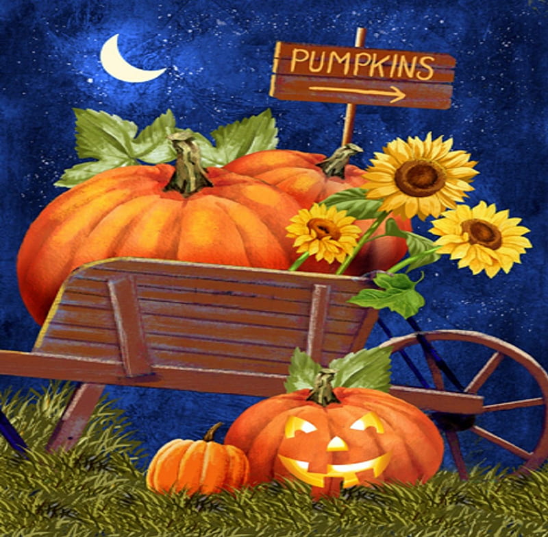 ★Pumpkin This Way★, pretty, fall season, autumn, holidays, lovely, halloween, colors, love four seasons, cart, fun, creative pre-made, harvest time, cute, paintings, sunflowers, pumpkins, HD wallpaper