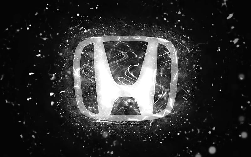 Honda white logo, , white neon lights, creative, black abstract background, Honda logo, cars brands, Honda, HD wallpaper