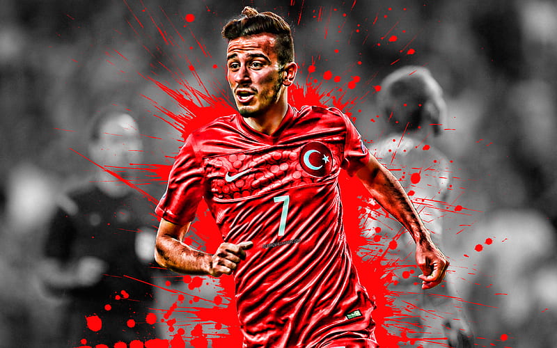 Oguzhan Ozyakup Turkish football player, Turkey national football team, midfielder, red paint splashes, creative art, Turkey, football, grunge art, HD wallpaper