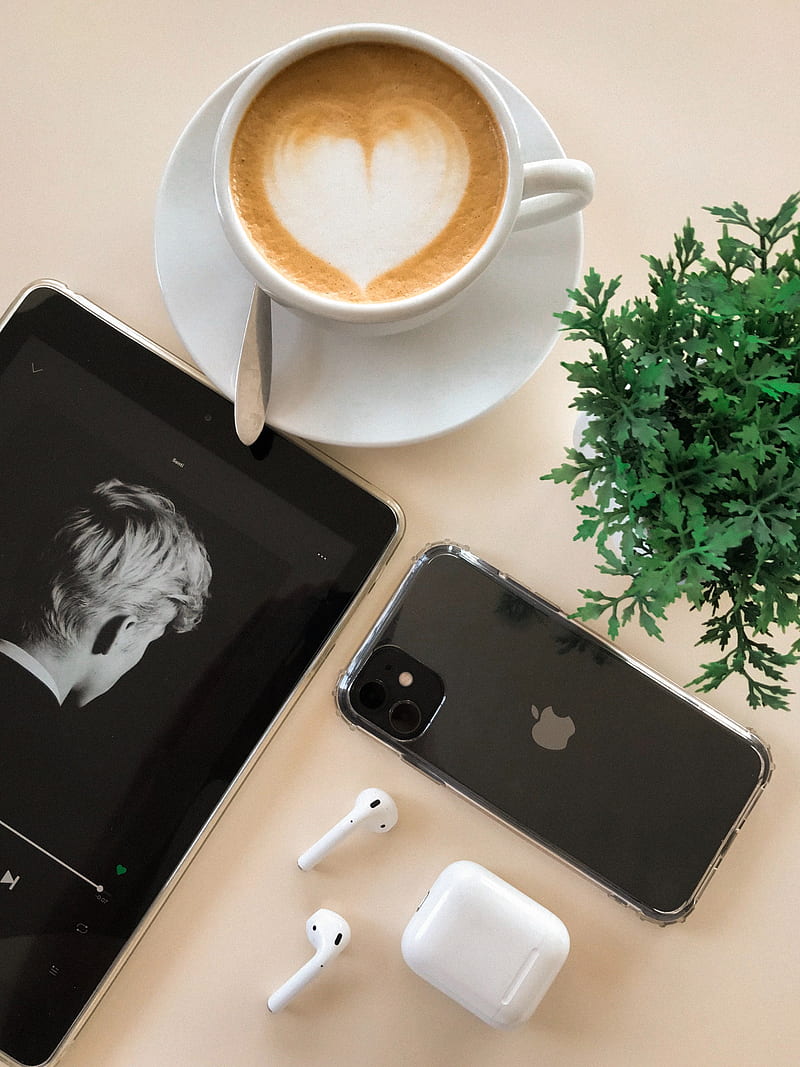 Apple iPhone, airpods, apple, coffee, desing, good, iphone, morning, nescafe, pills, premium, HD phone wallpaper