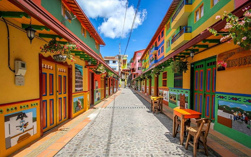 Guatape, Colombia, colours, street, houses, town, HD wallpaper