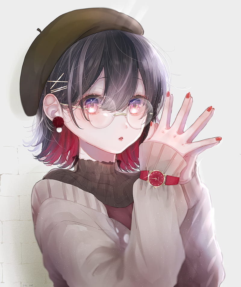anime, anime girls, painted nails, hat, dark hair, glasses, HD phone wallpaper
