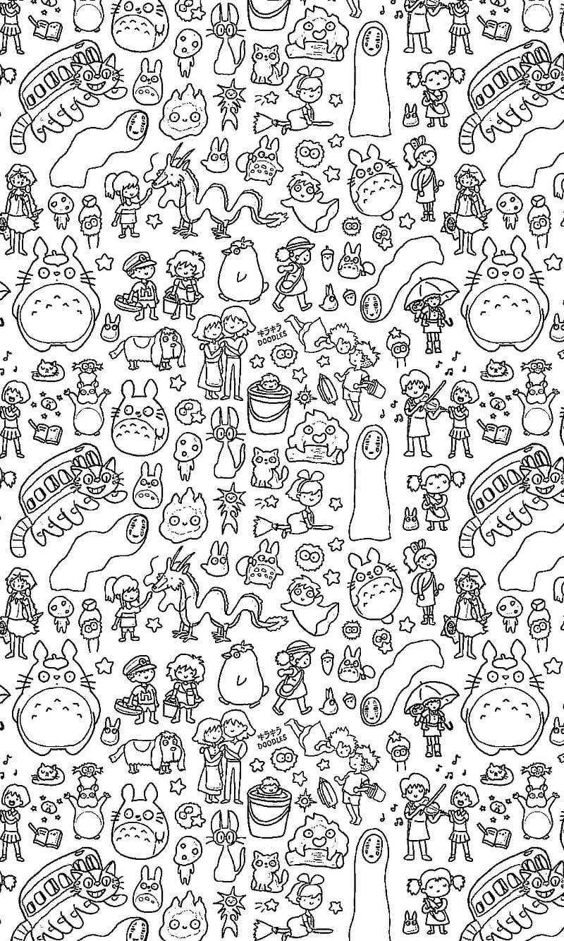 Studio Ghibli Doodle, anime, black, bw, cat, doodles, totoro, white, HD phone wallpaper