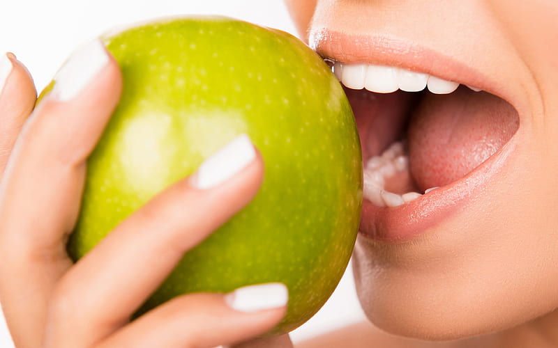 healthy teeth, woman bites a green apple, dentistry concepts, white teeth, stomatology, beautiful teeth, HD wallpaper