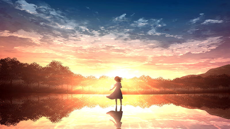 Anime landscape, sunset, clouds, sky, anime girl, reflection, Anime, HD  wallpaper | Peakpx