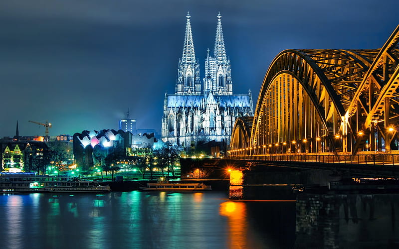 Cologne, arched railway bridge, Germany, night, Cologne Cathedral, Hohenzollern Bridge, HD wallpaper