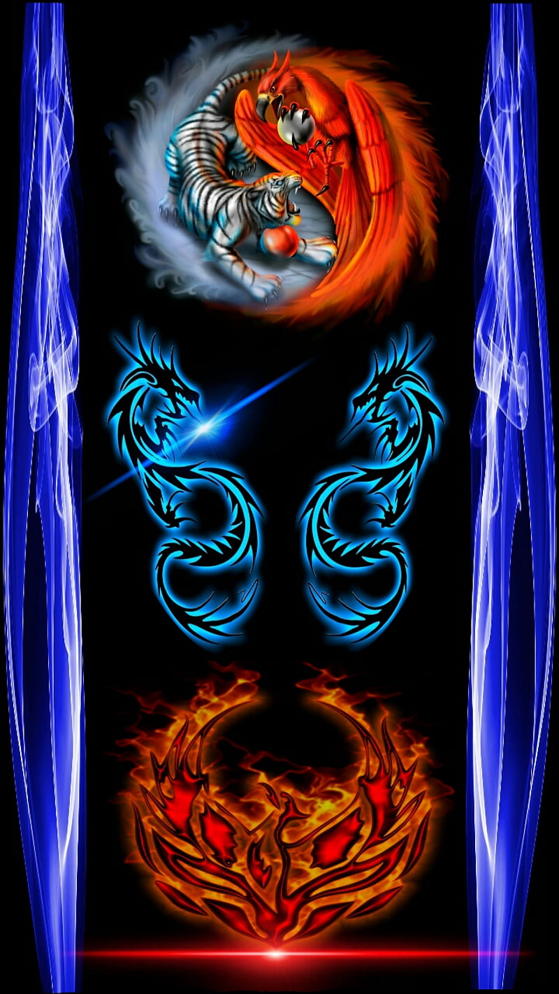dragon caos, black, blue, mirror, phoenix, yang, yin, HD phone wallpaper