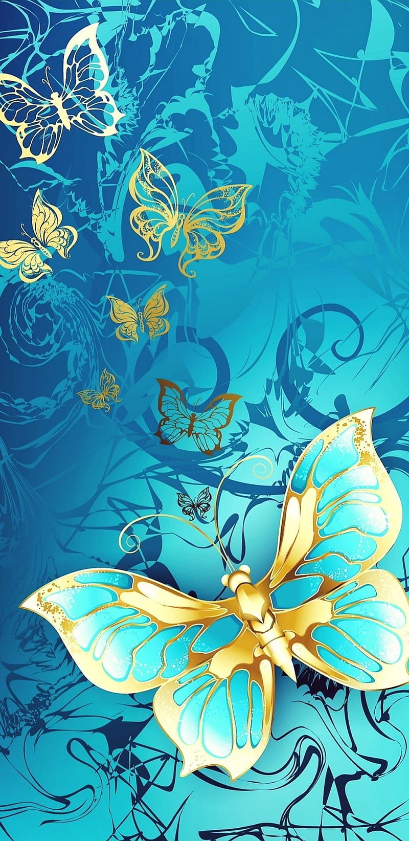 Butterflies in Teal, bonito, butterfly, girly, gold, pretty, HD phone wallpaper