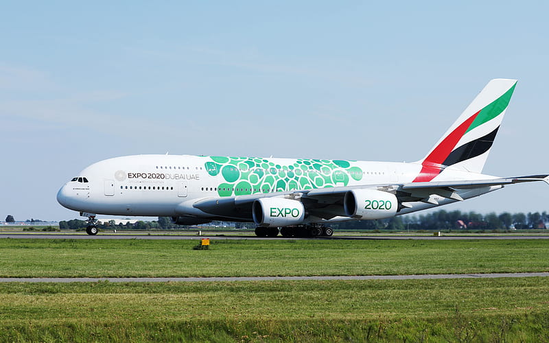 Airbus A380-800, passenger plane, Expo 2020 Dubai, UAE, A380, Airbus, airport, air travel concepts, HD wallpaper