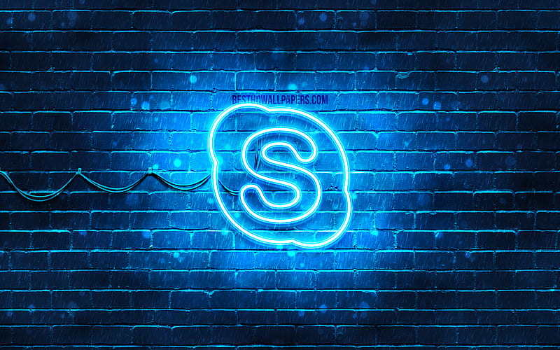Skype blue logo blue brickwall, Skype logo, brands, Skype neon logo, Skype, HD wallpaper