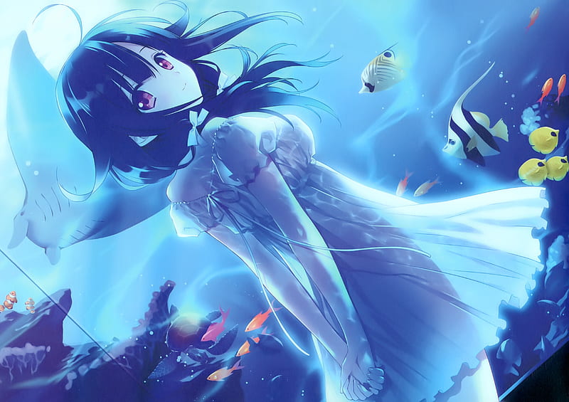 anime girl, aquarium, fishes, dress, smiling, Anime, HD wallpaper
