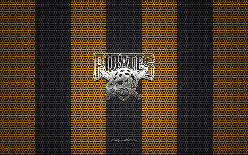 Pittsburgh Pirates logo, American baseball club, metal emblem, yellow black metal mesh background, Philadelphia Phillies, MLB, Pittsburgh, Pennsylvania, USA, baseball, HD wallpaper